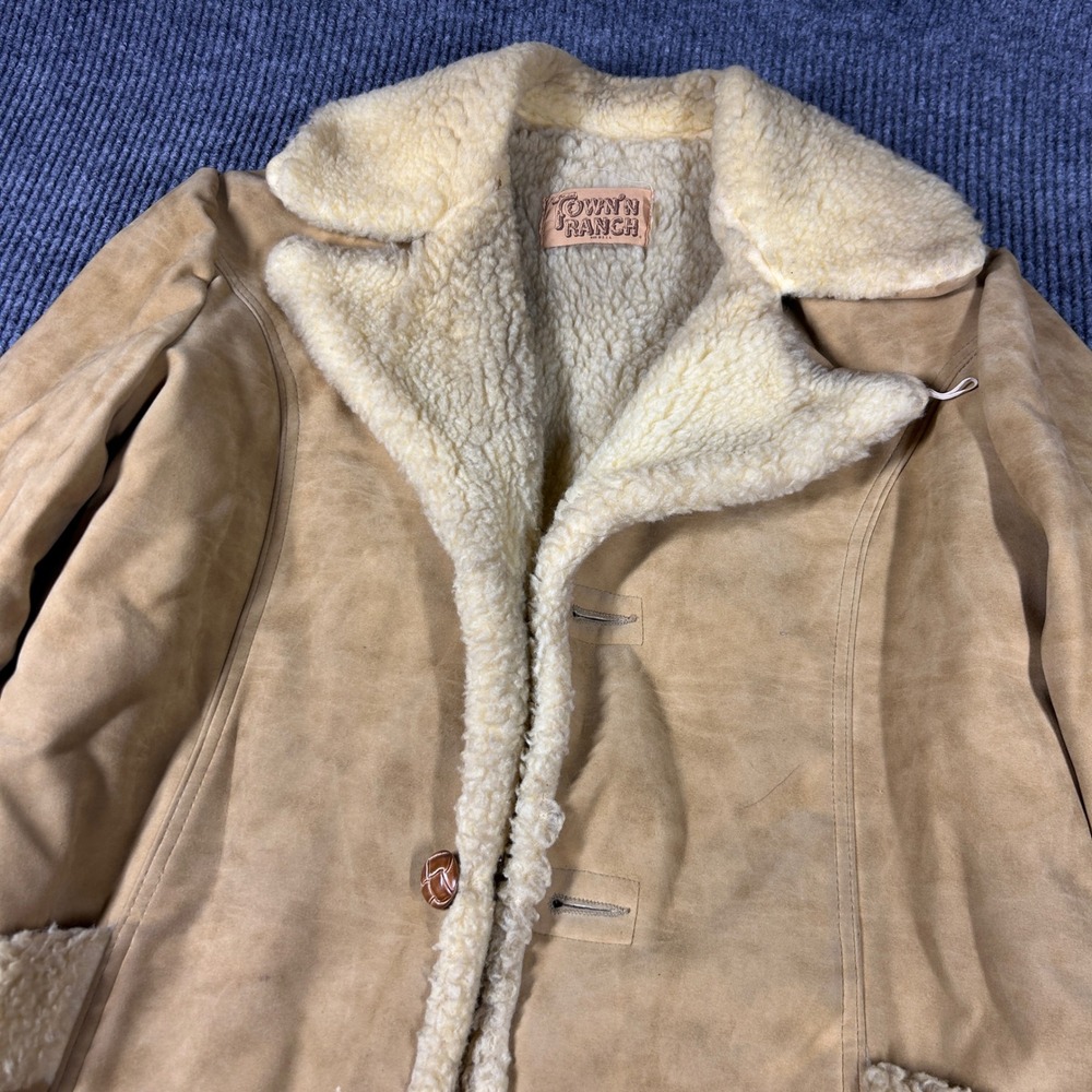 Vintage Town N Ranch Suede Shearling Coat Womens Medium Tan Faux Fur Trim USA